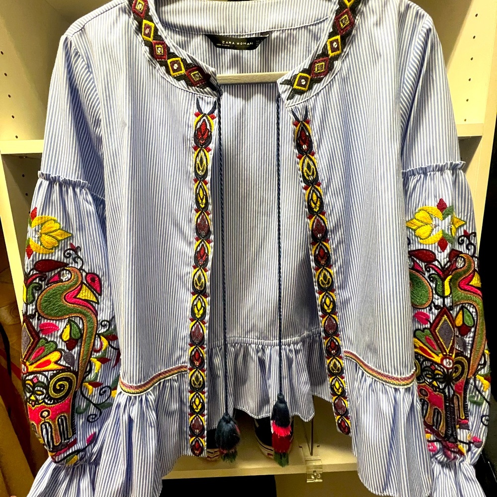 Pin striped, embroidered detail, with tassels